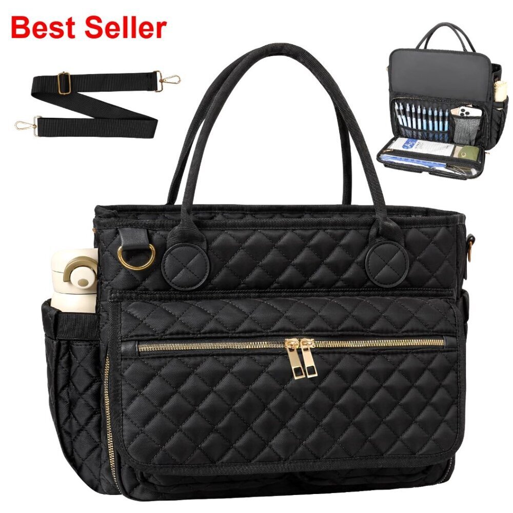 Large Quilted Tote Bag with Laptop Compartment, Adjustable Strap, Multiple